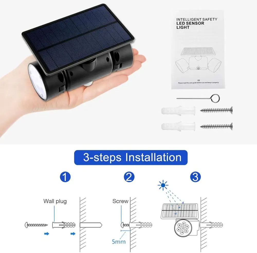 

HQXING 1pack Solar Lights Outdoor, LED Waterproof Solar Powered Wall Lights With Motion Sensor Dual Head Spotlights Light