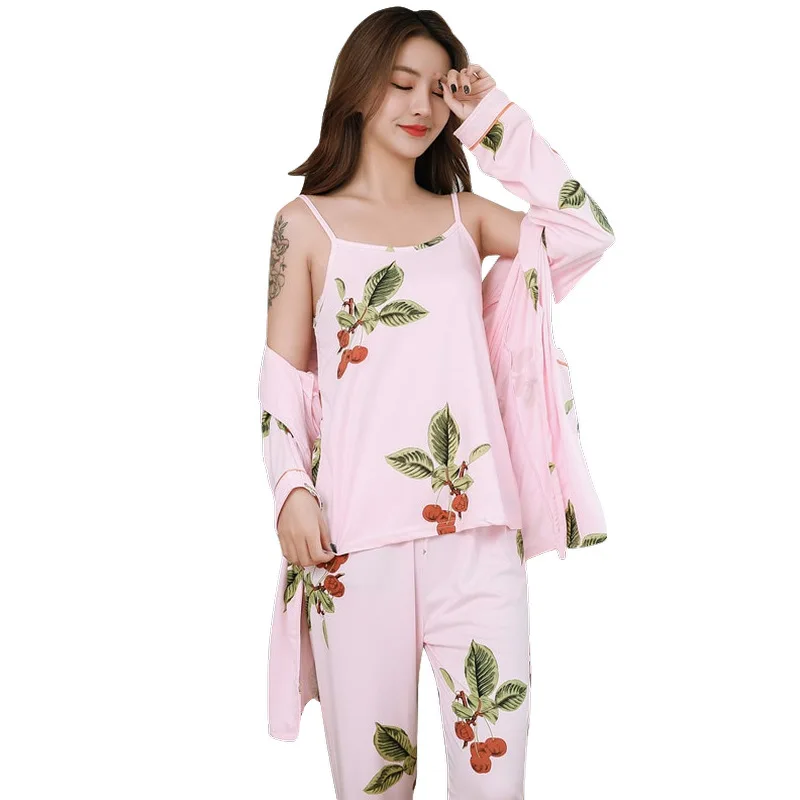 

Long Sleeves 3 Pieces Women Pajamas Woman Pajamas Set Sling Cotton Pajamas 3 Peices Sleepwear For Women