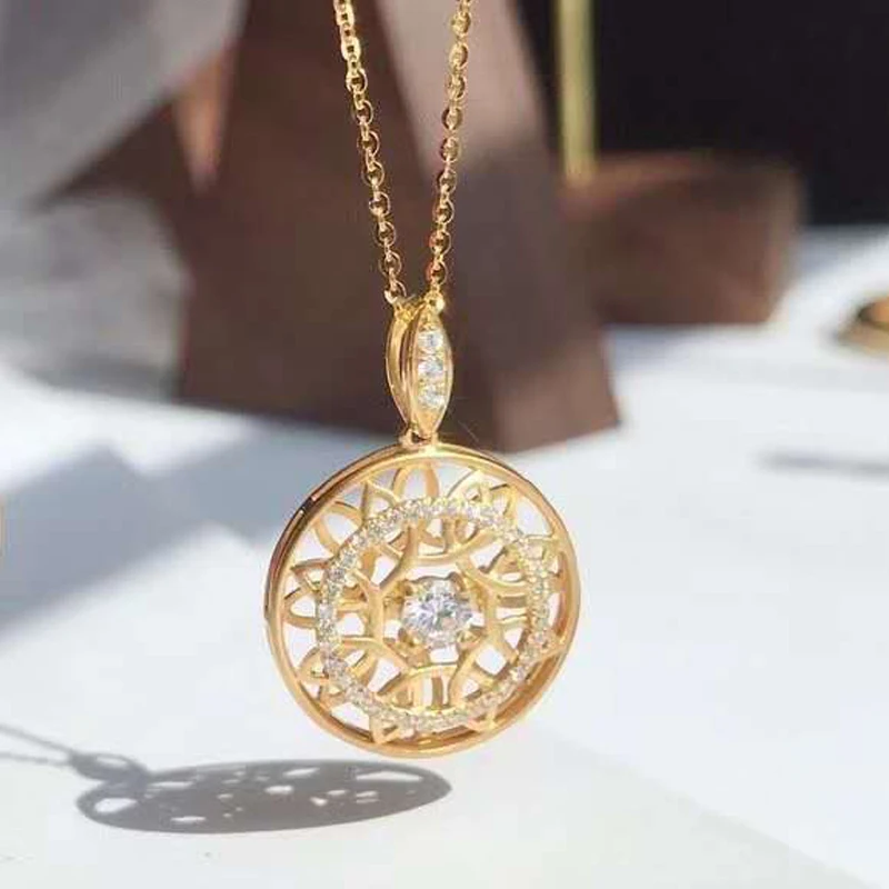 18 K желтое золото настоящее бриллиантовое женское ожерелье с подвеской Круглый