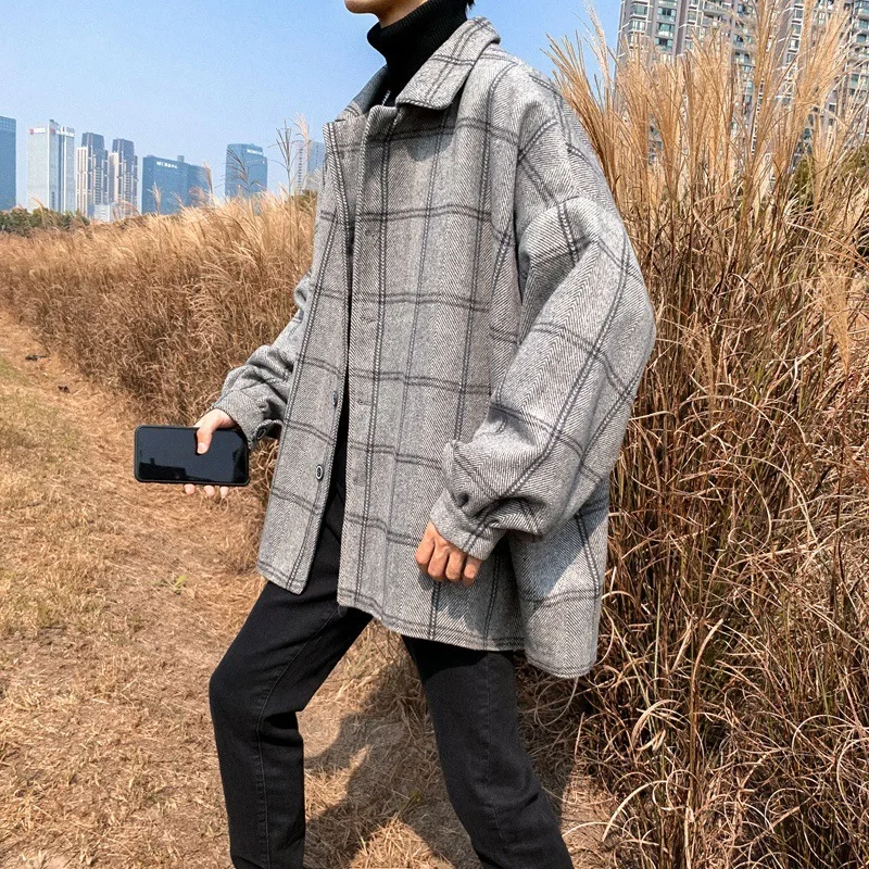 

Spring Men Korean Style Plaid Overcoat 2021 Overcoat Wool Mens Streetwear Windbreaker Harajuku Fashions Oversize Jackets Coats