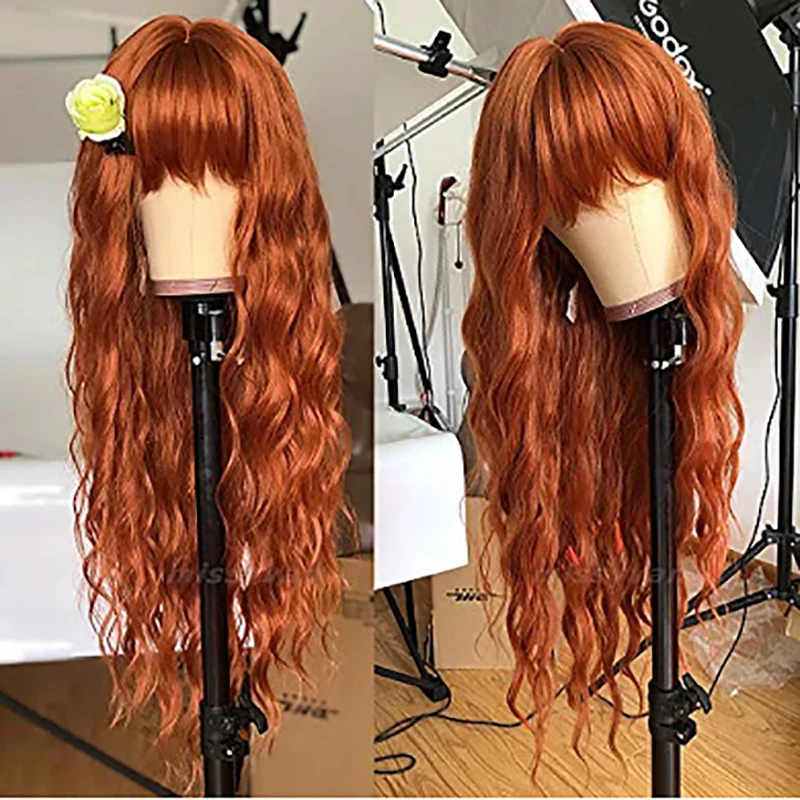 HAIRJOY Long Wavy  Synthetic Hair Pink Green Brown Wigs for Women with Bangs Heat Resistant 26 inches