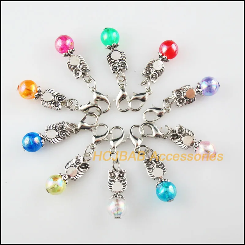 

10Pcs Tibetan Silver Plated Animal Owl Mixed Mirage Resin Charms Pendants With Lobster Claw Clasps 8x24mm