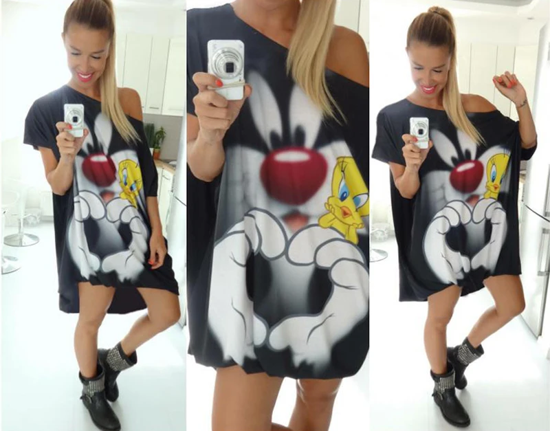 Женское свободное хлопковое Повседневное платье с принтом из мультфильма