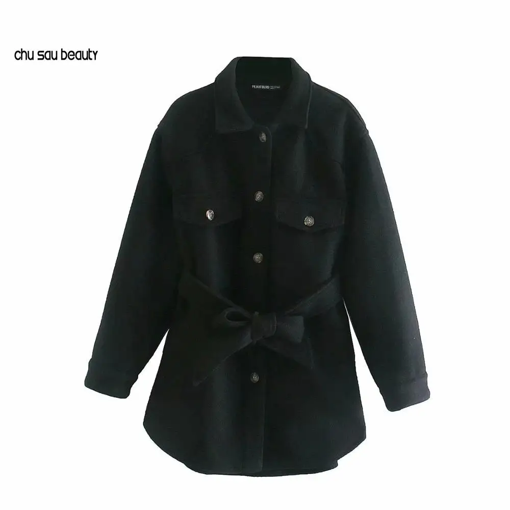 

Women 2020 Fashion With Belt Loose Woolen Jacket Coat Vintage Long Sleeve Side Pockets Female Outerwear Chic Overcoat C113