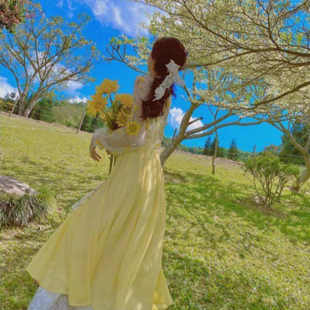 

Sweet dress early spring new super fairy temperament thin yellow embroidered mesh cardigan small fresh suspender dress