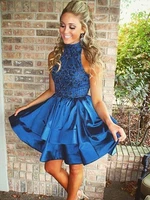 sexy halter blue cocktail dresses 2022 luxury beaded sequins a line satin vintage sleeveless mini short homecoming dress party