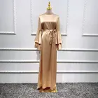 Новое Двухслойное мусульманское платье с расклешенным рукавом и поясом гладкое шелковое элегантное мусульманское длинное платье женская скромная одежда