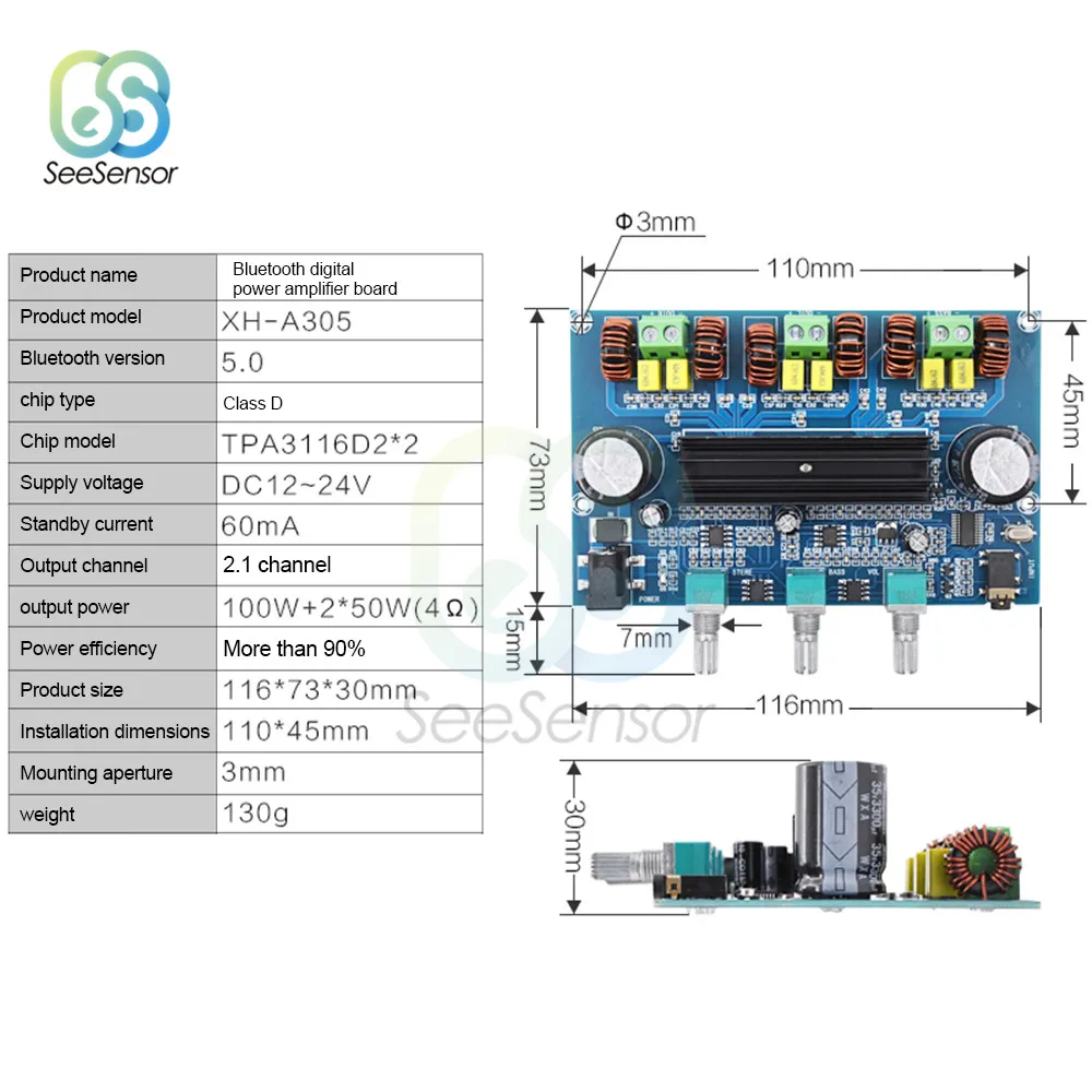 XH-A305 TPA3116 Bluetooth 5.0 Digital Power Amplifier Board 2*50W+100W 2.1 Channel Stereo Audio Receiver Amplifiers for AUX | Инструменты