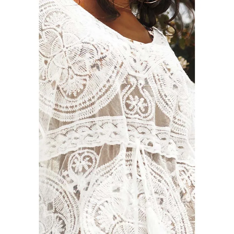 

Lace Cover up Beach Boho Mini Dress Flare Sleeve Bikini Cover up Embroidery Mesh Casual Dress Sexy Beachwear Women Pareo Dress