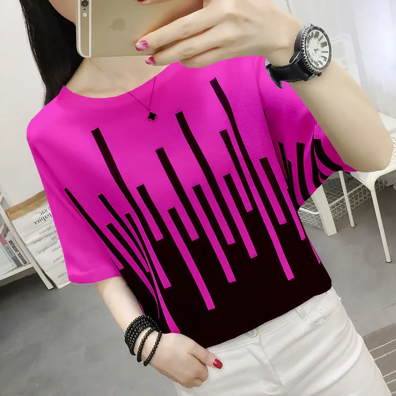 

Ice silk knitted T-shirt women's short sleeve 2021 summer loose base shirt women's thin top