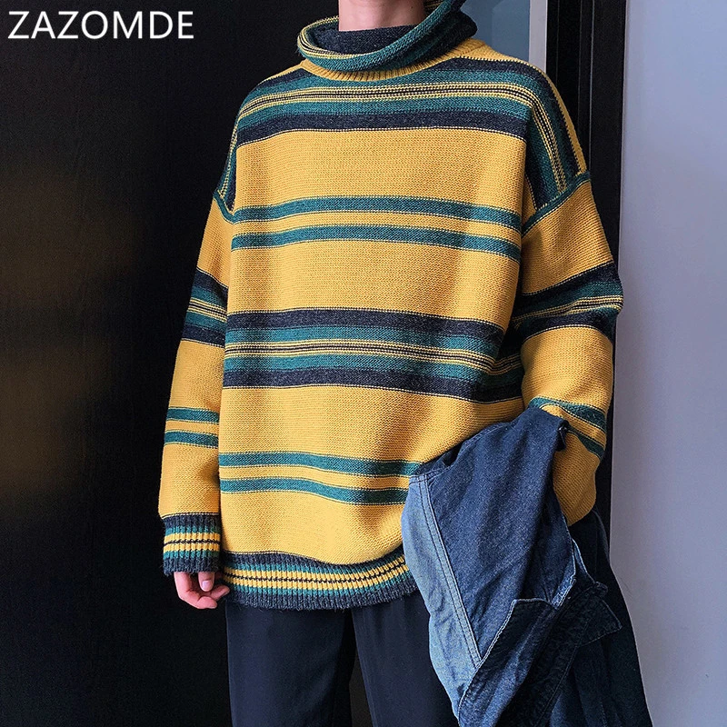 

ZAZOMDE Winter Striped Sweater Men Warmth Fashion Retro Casual Knitted Pullover Men Loose Korean Knitting Sweaters Mens Clothes