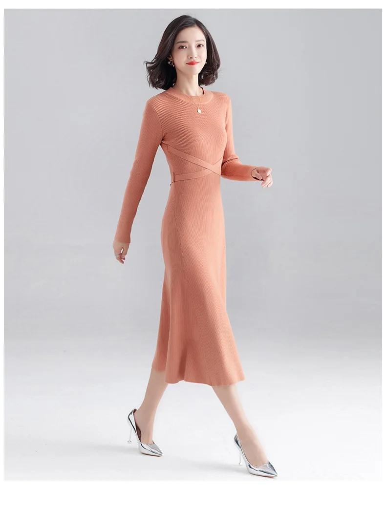 INNASOFAN knitted dress women Autumn Winter long-sleeved dress Euro-American fashion chic dress solid color