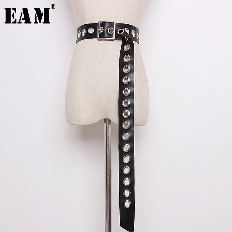 [EAM] 2021 Новинка Весна Лето Черный простой металлический круглый Универсальный
