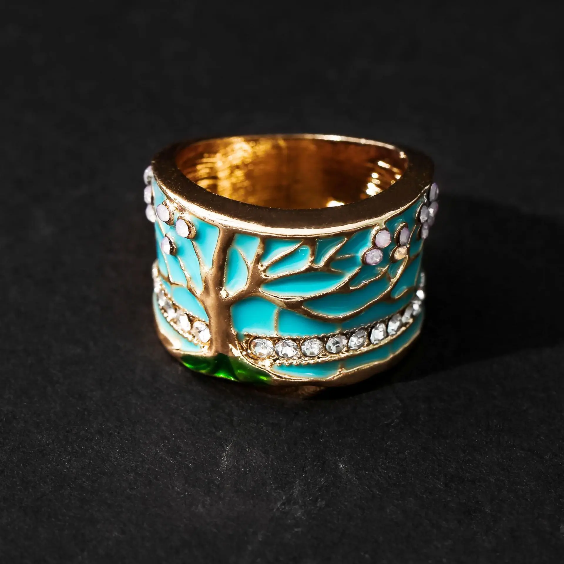 

2020 New Fashion Vintage Hot Lucky Flower Tree Rings Pink Opal Green Enamel Wide For Woman Party Crystal Jewelry