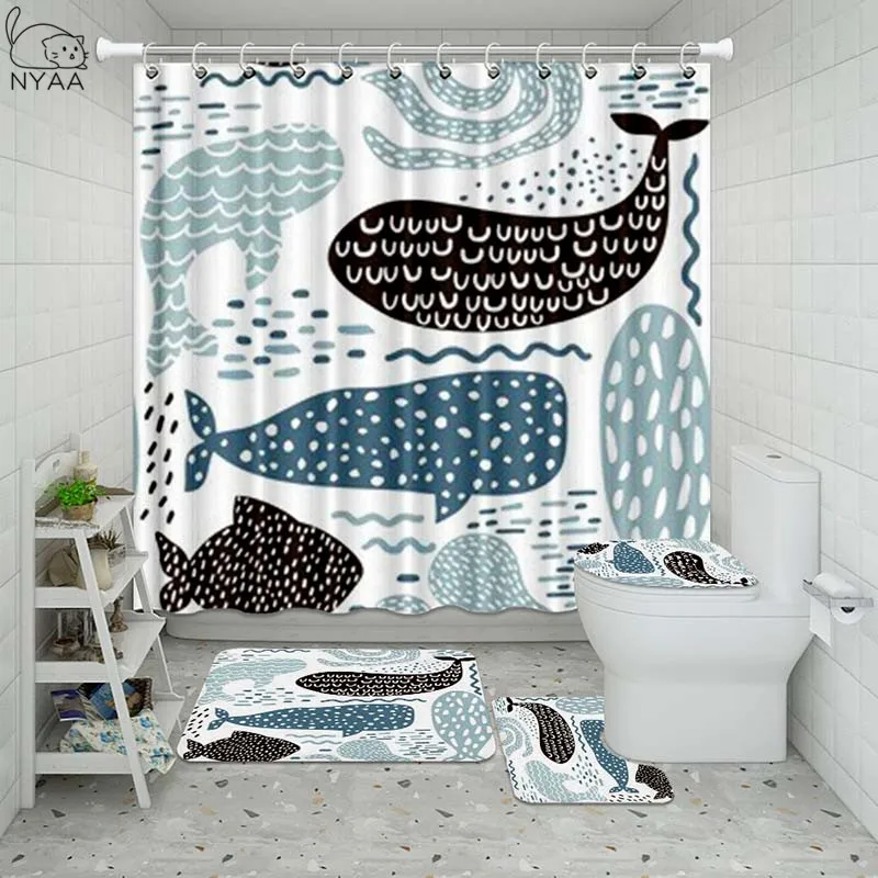 Vixm Водонепроницаемая синяя занавеска для ванной комнаты с рисунком Кита набор