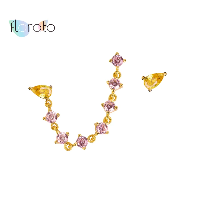 

925 Sterling Silver Ear Needle Pink Zircon Stud Earrings Crystal Flower Ear Stud Cute Chain Earrings For Women Jewelry Gift