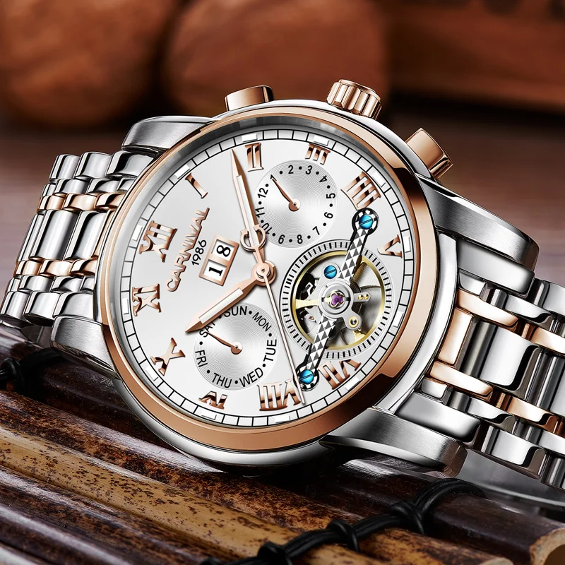 Carnival Brand Fashion Tourbillon Watch For Men Luxury Mechanical Watch Waterproof Casual Sapphire Month Week Date Display Reloj enlarge