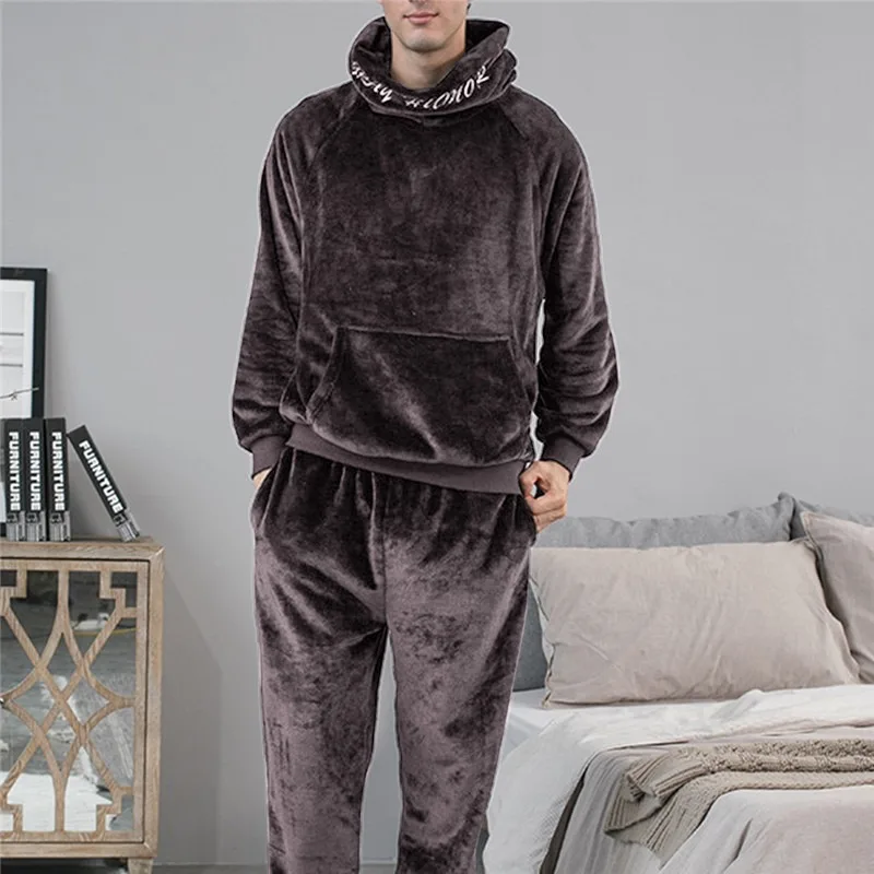 

Autumn Winter 2021 Thick Warm Flannel Pajama Sets For Men Long Sleeve Hooded Sleepwear Suit Pyjamas Lounge Homewear Home Clothes