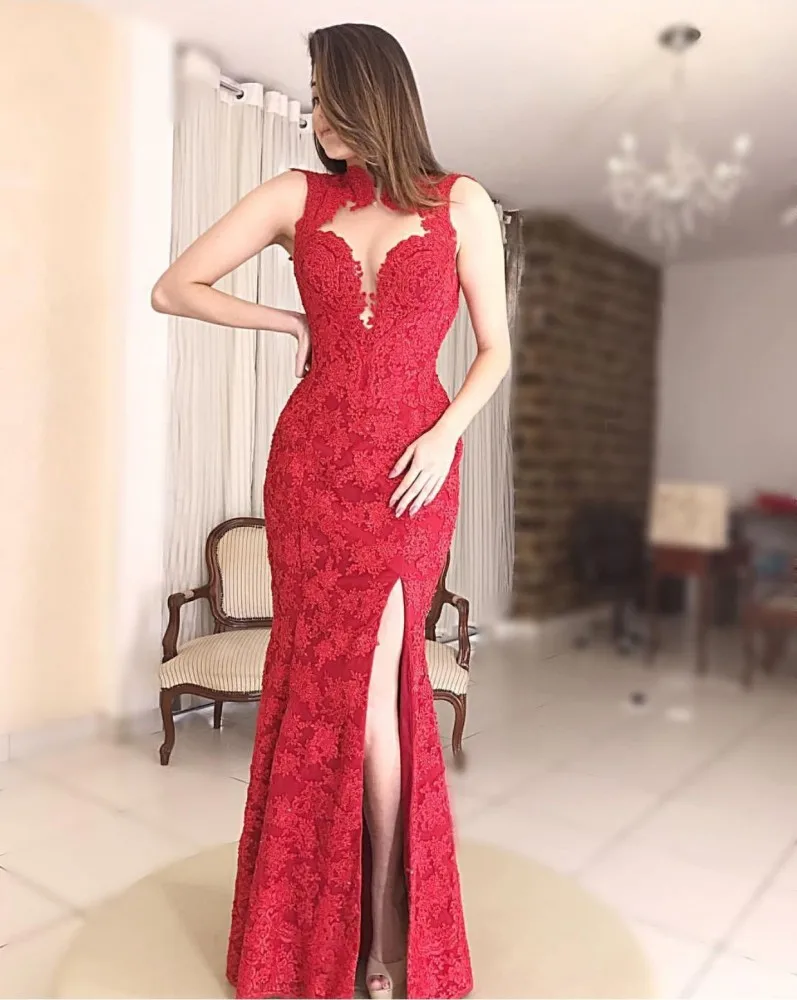 Женское вечернее платье с юбкой годе Красное Кружевное длинное без рукавов