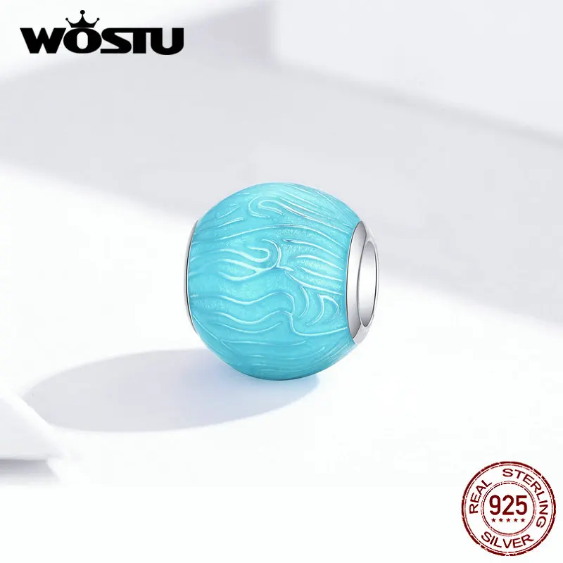 

WOSTU 100% 925 Sterling Silver Light Blue Beads Wave Round Enamel Charms Fit Original Bracelet Pendant 925 Jewelry FIC1393