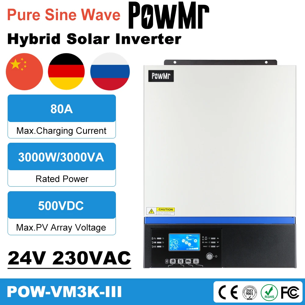 

PowMr MPPT Solar Inverter 3000W 80A MPPT Charger 60A Utility Charger 500VDC PV Input Support Mobile Monitoring USB LCD Control