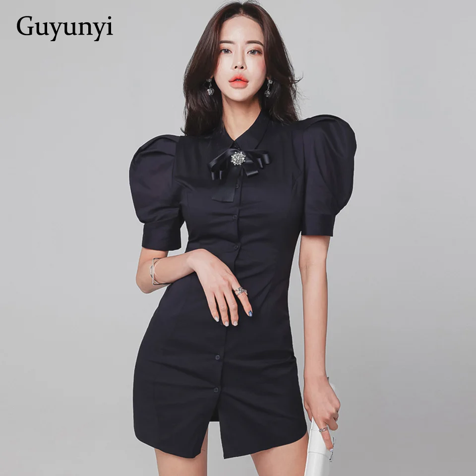 

Black Shirt Dress 2022 Summer Korean Version Turn-down Collar Puff Sleeve Sexy Mini Dress High Waist Tight Elegant Party Dress