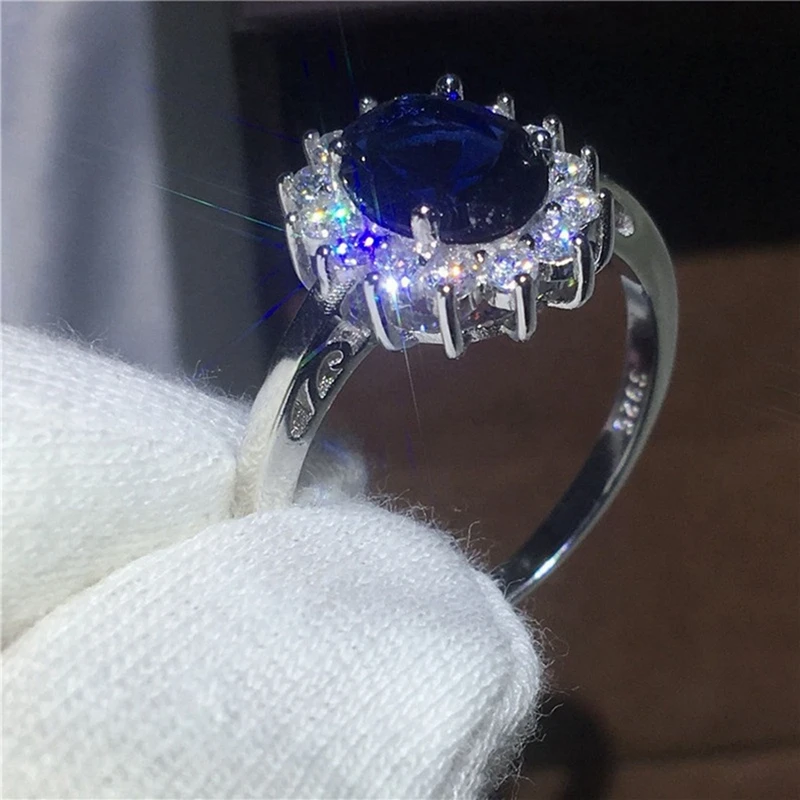 Fashion Big Blue Stone Ring Charm Jewelry Women CZ Wedding Promise Engagement Ladies Accessories Gifts