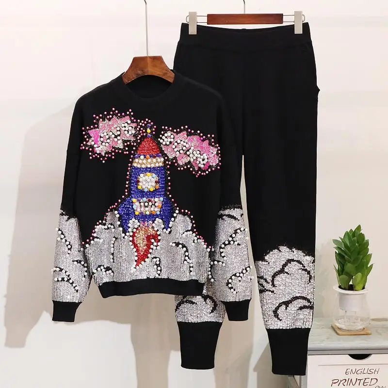 

new vintage two piece set woman knit tracksuits fashion autumn winter Sequin stud letter sweater and long pant outfie suit cloth