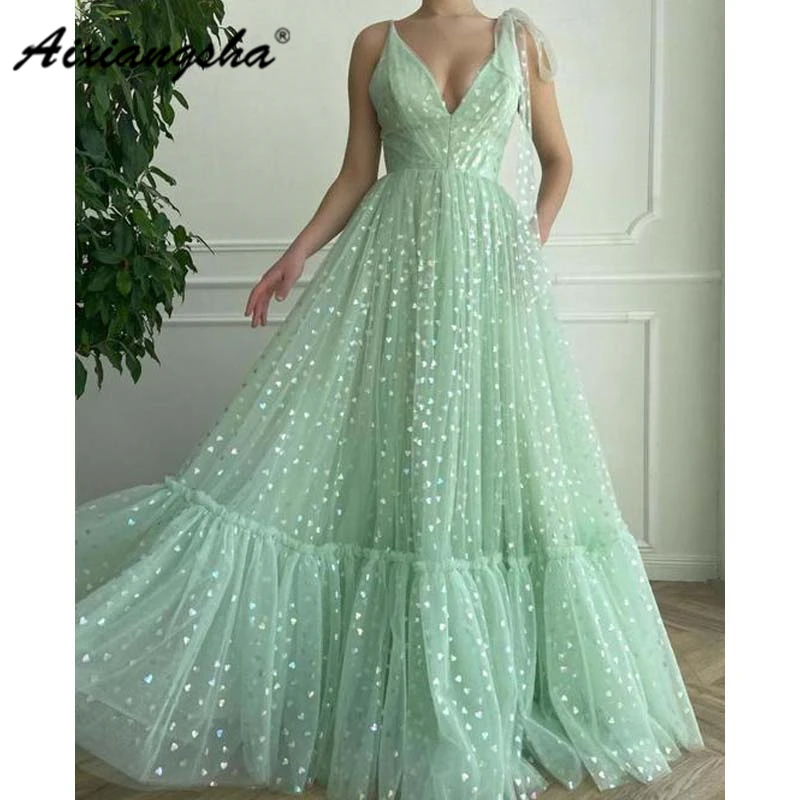 

Aixiangsha Real Green Evening Dresses Shiny Heart Deep V Neck Spaghetti Strap Bow Graduation Gowns French Style