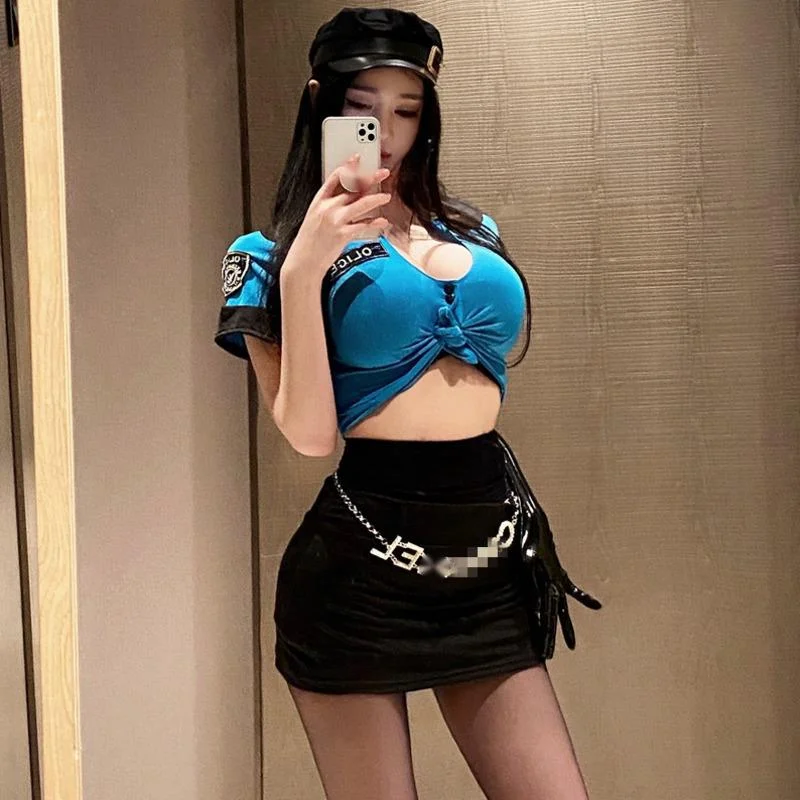 

WOMENGAGA Sexy Hot Blue V Neck OL Cosplay Uniform Short Sleeve Letter T Shirt + Black Mini Skirts Two-piece Suit Set Kroean A8II