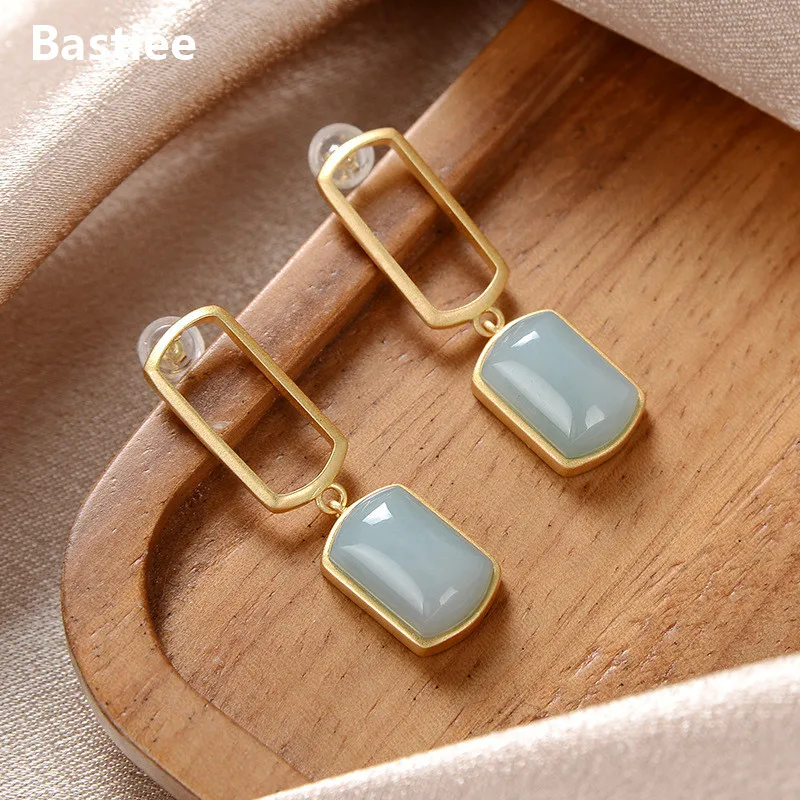 Bastiee Long Stud Earrings For Women Jewelry Drop Jade Earings Trend Jade Square Geometric Office Lady