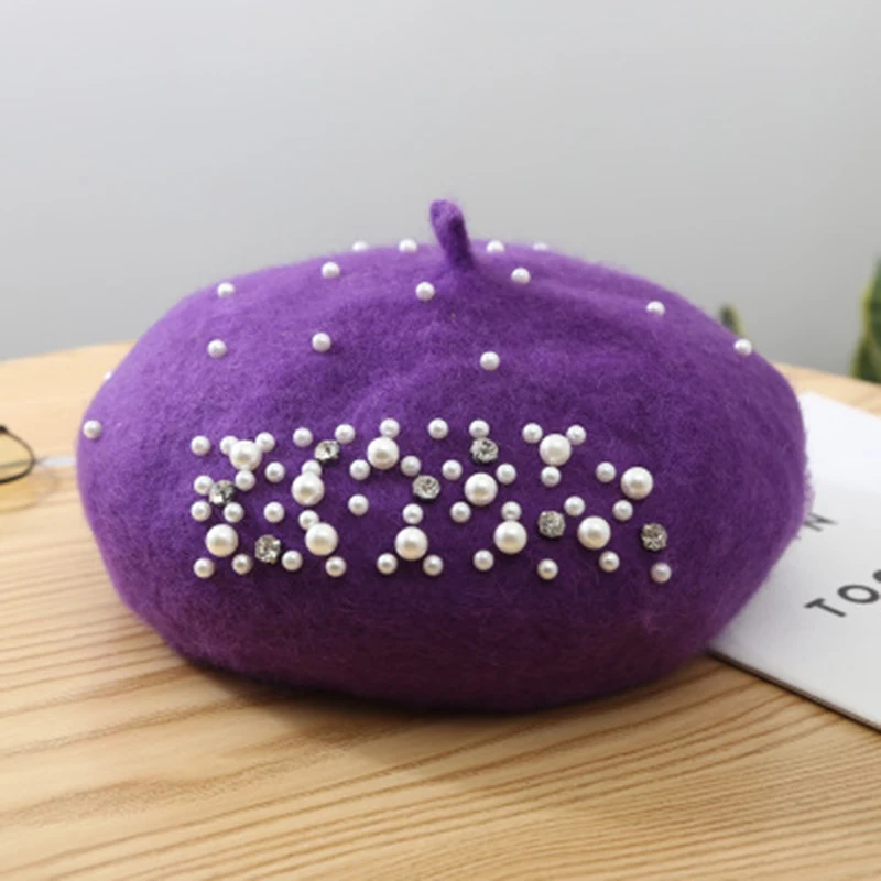 Осенне-зимний шерстяной вязаный берет Стразы с жемчугом шерстяная шапка