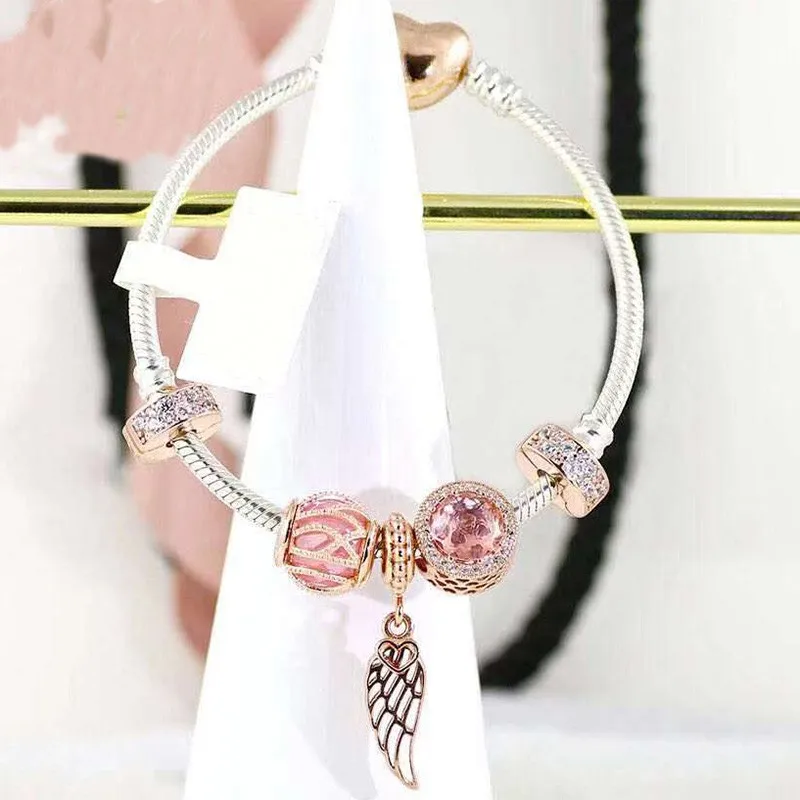 

Original 925 Sterling Silver Rose Gold Wing Pendant With Heart-shaped Classic Button Bracelet For Women's Wedding Party Jewelry