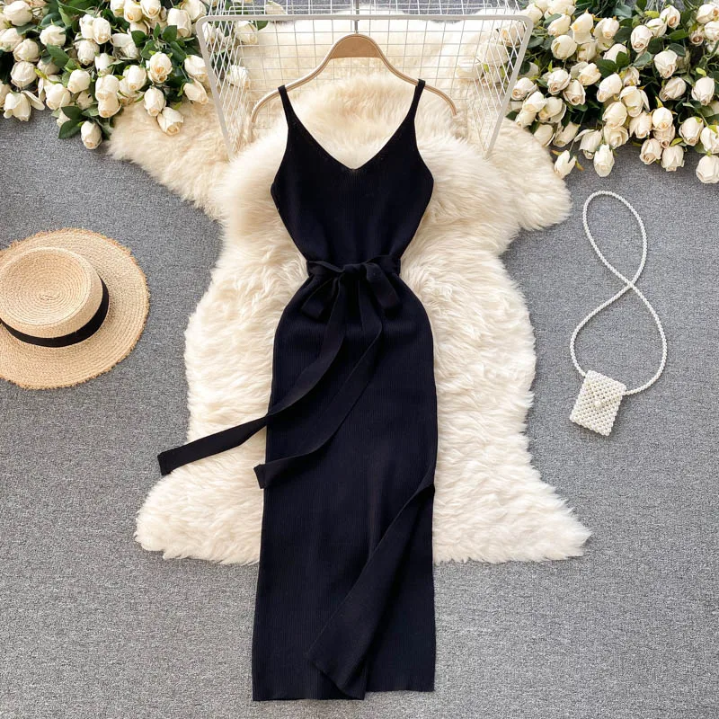 

Trendy Casual Summer Dress Nice V Neck Sleeveless Belted Midi Dress Elegant Women Strap Sexy Side Slits Knitted Bodycon Dress