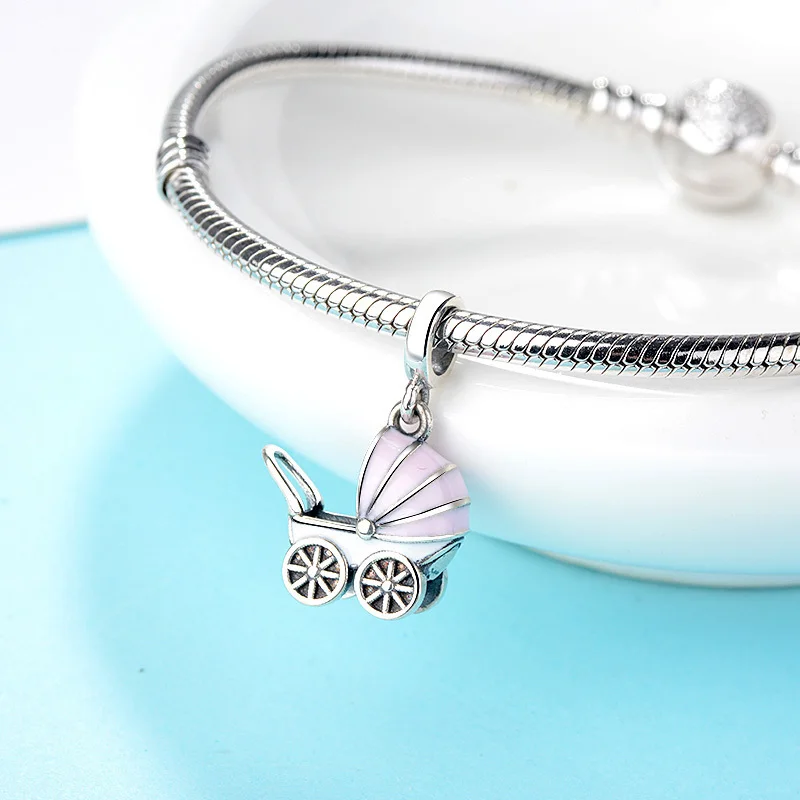 Новинка для подходящего аутентичного европейского браслета Милые розовые подвески для детской коляски из серебра 925 Модное ювелирное изделие для женщин, сделанное вручную в подарок.