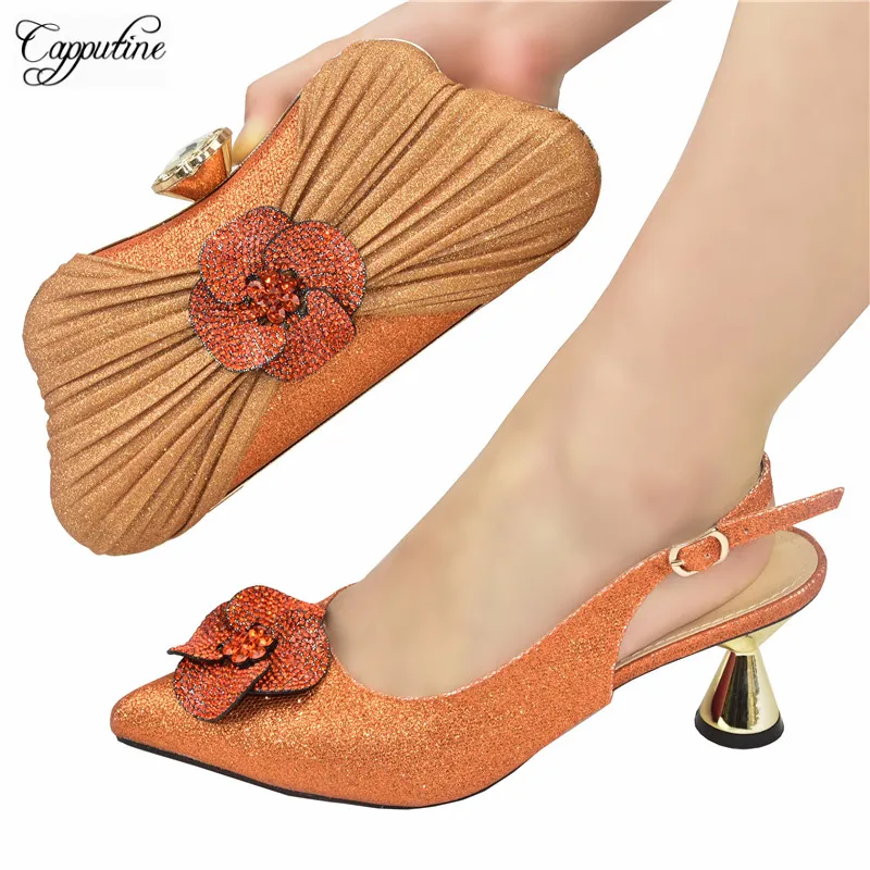 

New Orange Shoes And Bag Set To Match African Women High Heels Pumps With Handbag Sandals Clutch Escarpins Femme 938-38 7CM