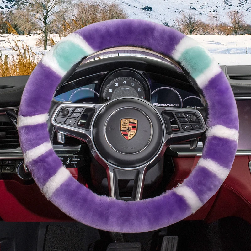 Purple Cat Натуральный мех овечья шерсть овчина чехол рулевого колеса автомобиля для взрослых авто Универсальный с новым дизайном флаг России цвет - Название цвета: Purple Cat