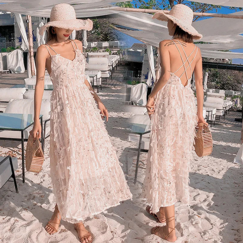 

2021 Summer New Beach vacation dress Spaghetti Strap Tassel Sweet Light pink Female Party Club Bandage Vestidos