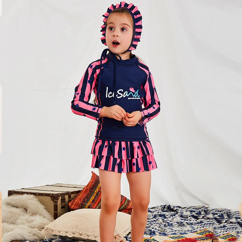 Детский купальник из 3 предметов с длинными рукавами и плавками для девочек