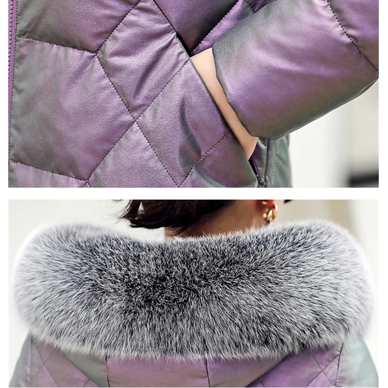 

winter new high quality 2021 leather down jacket large size female long section Slim fox fur collar thick duck down jacket
