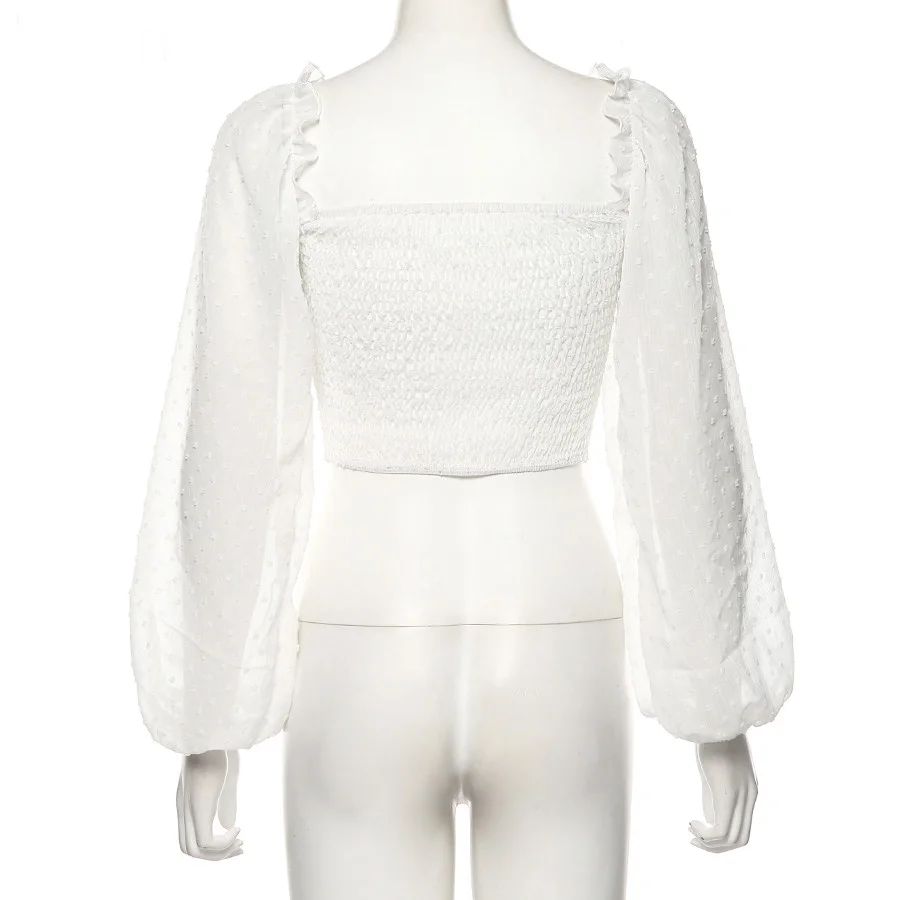 

Spring French Romance Deep V-Neck Ruffle Crop Top Women Shirt 2021 Elegant Office Lady White Loose Slim Lace Shirt