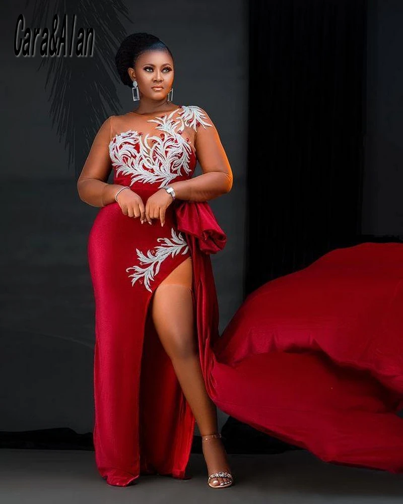 

Aso Ebi Evening Dresses for Women Party Sheer Long Sleeves Lace Applique African Mermaid Prom Gowns Long robe de soirée femme