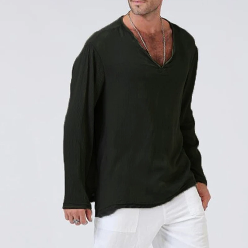 

Mens V Neck T Shirts Full Sleeves Linen Cotton Long Sleeve T-Shirt Men Gothic Hippie Clothing Loose Male t shirt Autumn Spring