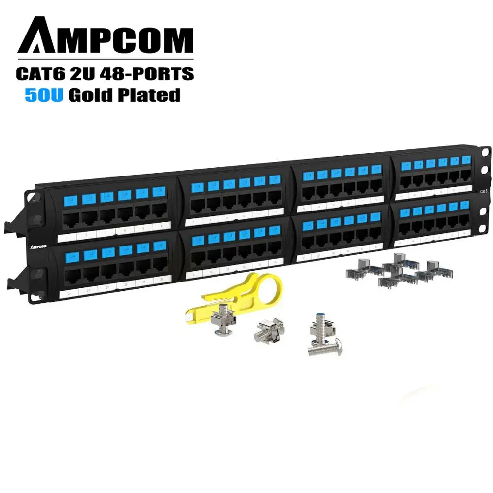 AMPCOM Supreme Series CAT 6 Patch Panel 50U Gold Plated 2U 48-Port Rackmount or Wallmount Punch Down | Компьютеры и офис