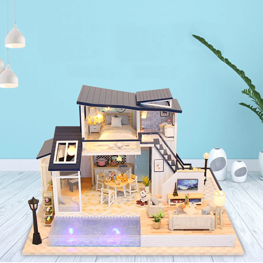 Handmade 3D Model Educational Decoration Miniatures Furniture Doll House Gift Mini Wooden Cabin DIY LED Light Villa | Игрушки и хобби