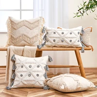 fashionable throw pillow cushion for sofa bed home 45x45cm linen tassel cushion cover cotton tufted pillowcase beige decorative
