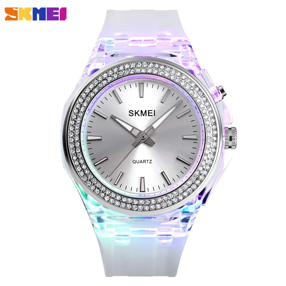 White watch SKMEI Модные Спортивные кварцевые женские часы люксовый бренд Повседневный светодиодный задний легкие наручные часы дамское платье браслет Relogio Feminino - Color: White watch