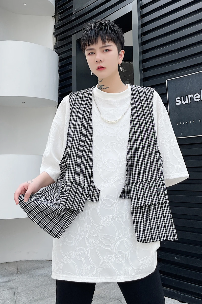 

M-XL!ummer personality splicing design loose a buckle lattice waistcoat fashion men's Japanese plaid jacket.