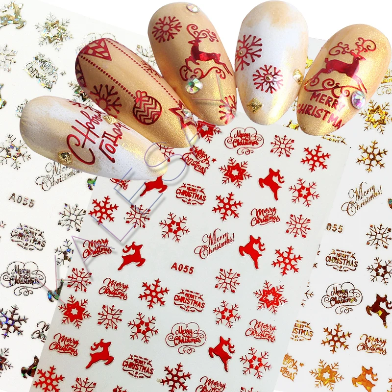 

Merry Christmas 3D Nail Art Decals Nail Stickers Manicure Red Laser Gold Silver Santa Claus Elk Snow Sticker for Nail Design