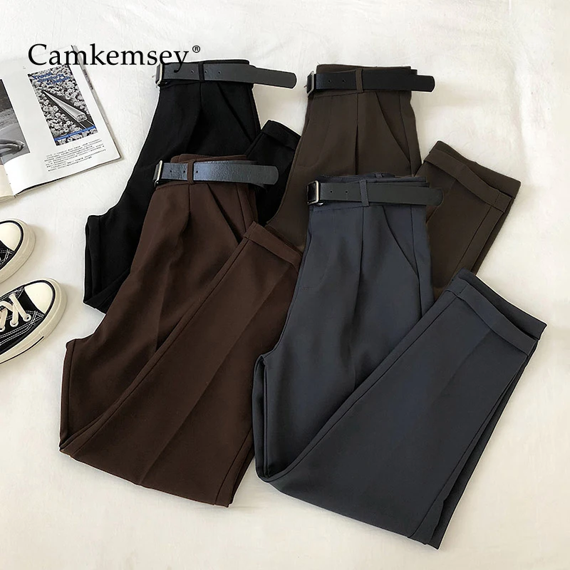 

CamKemsey офисные женские брюки для работы и отдыха 2020, корейские однотонные весенне-осенние повседневные шаровары до щиколотки с высокой талие...
